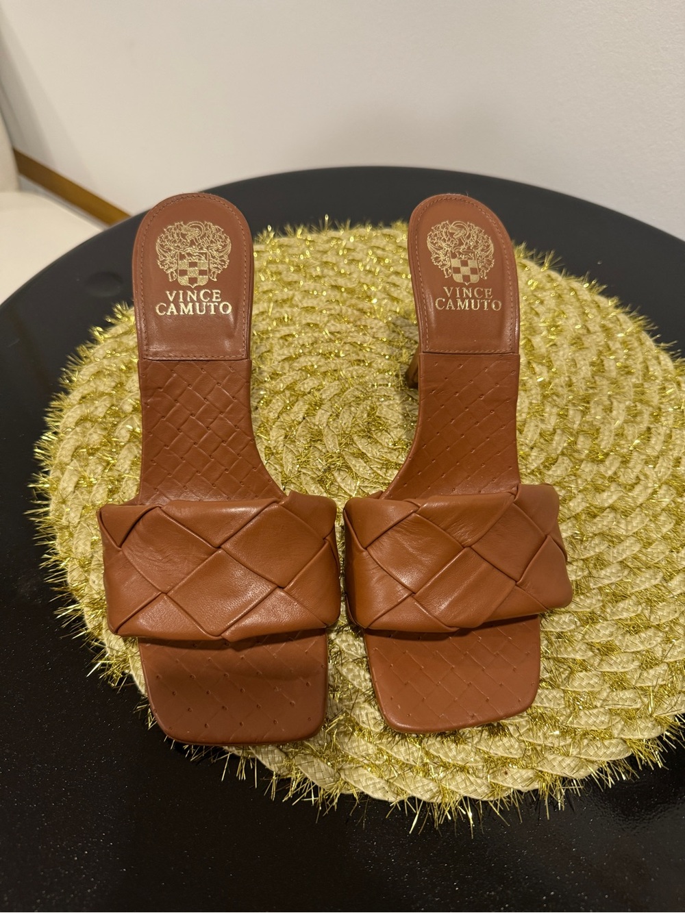 Vince Camuto Cognac Woven Leather Slide Mules